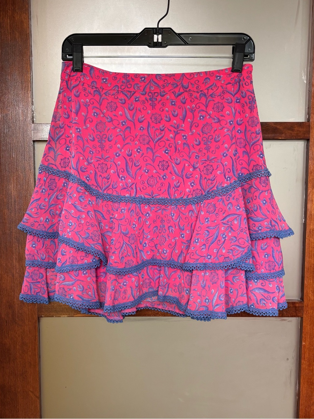 Floral Pink Tiered Mini Skirt with Blue Trim